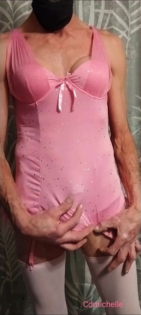 Cdmichelle Wearing Pink Sexy Teddy with Garter Straps Playing with Her Cock