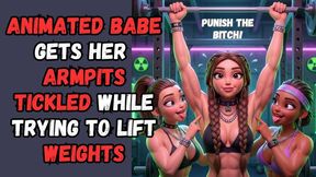 Animated babe gets her muscular armpits tickled by two kinky fetish bitches while she tries to lift weights in the gym