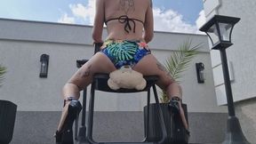 OUTDOOR TEDDY SQUASHING TEASE – High Heels, Swimsuit & Chair Domination