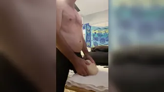 Guy in nylon tights jerks off and toys his cock in pantyhose