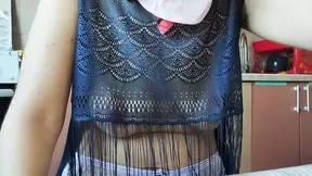 Naughty MILF tries on naked clothes while showing off her hairy pussy