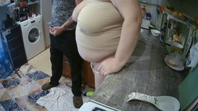 Dick Jerking in the Kitchen and Hot Cum in Mother-in-law's Mouth