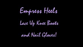 Empress Heels Lace Up Knee Boots and Black Leather Nail Gloves SQ-mp4