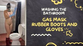 washing the bathroom in gas mask