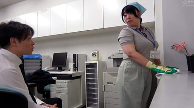 Office cleaning staff member locks the bathroom door for a private encounter