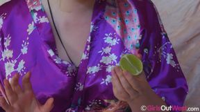 Busty amateur Lauryl enjoys fruit and masturbates with glass dildo