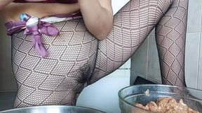 Hairy Latin lover's kitchen escapade: unbridled passion &mdash;  bushy crotch &mdash;  ample bosom &mdash;  pronounced areolae &mdash;  substantial glutes