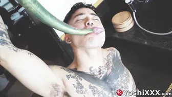 Yoshi Kawasaki stretches his hole with tentacle toys in solo anal play