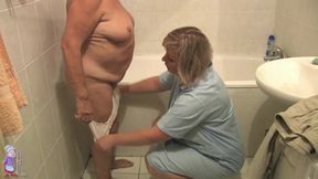 Oldnanny-Hermine, an old fat hairy pussy lady deserves nice lesbo action in the bathroom