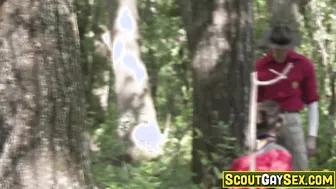 Birdwatcher jerks off watching two scouts fuck bareback outdoors