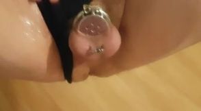 Cuckie fucked with Baseballbat in tiny chastity