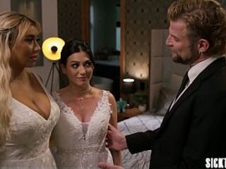 Kinky bride and hawt playgirl dropped to their knees and gave a oral sex previous to hardcore twat banging