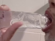 Amazing deepthroat till balls of a 23 cm huge dildo!