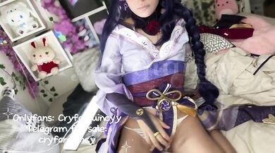 Shogun Raiden's cosplay geek seduces you into messy massage
