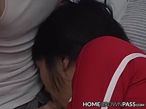 Flat chested oriental babe pussy smashed and facialized