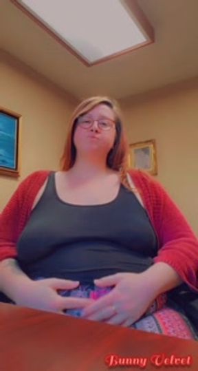 Desk-Ridden Secretary Stuffs Her Face &amp; Plays With Her Bloated Belly In The Office