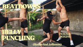 Deep blows to the stomach of a man tied with rope (T)