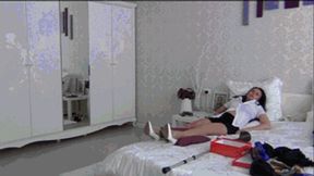 Beautiful lady with the bad left leg has to clean up b