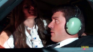 Flight attendant in blue stockings teases pilot with handjob and oral before sex