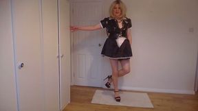 Black latex maid's dress and nude pantyhose
