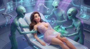 Beautiful New York Woman Passionately Helps Three Excited Aliens Achieve Relief - Ai Generated