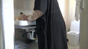 Lesbian arab milf in hijabi washing her girlfriends tight pussy