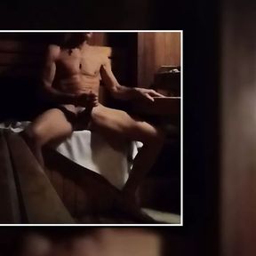 Jerking cock at sauna