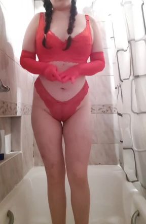 Omorashi in a red outfit