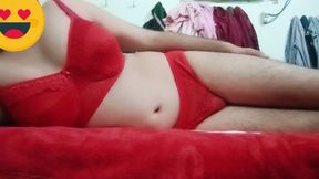Indian Gay Crossdresser Gaurisissy Pressing Her Big Boobs and Fingering in Her Ass in Red Honeymoon Lingerie Hard BDSM Sex
