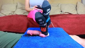 Cock box trampling and cbt ballbusting in cute socks , amateur femdom wife is gaming and playing with her slave