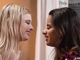 Petite latina helps big breasts golden-haired lesbian roommate orgasm