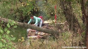 Busty Teen Gets Spit Roasted Outdoors