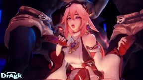Cute Yae Miko from Genshin Impact Gives Both Hand Handjob to Honster Hilichurls