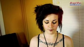 Tattooed brunette Marci gets her pussy dildo-fucked and swallows cum