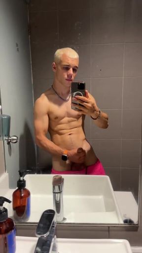 Handsome Blonde Fingering His Dick in the Train Toilet