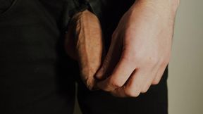 Hefty uncut dick growing in black jeans  Natural foreskin  Seed on black plate