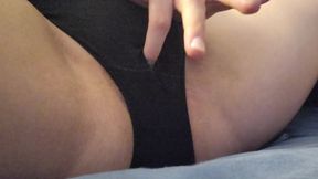 Japanese wife play with her clit through the hole of underwear.