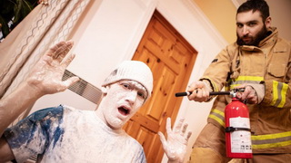 Firefighter needs to relax, so he sucks Tony's cock
