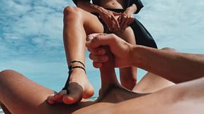 Blonde teen jerks off at nudist beach &mdash;  toes stroke man's cock&#x1F346; &mdash;  cumshot &mdash;  foot fetish