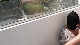 Outdoor Fellatio on Sunny Balcony makes him Cum Fast while Strangers Walking by during his Creampie