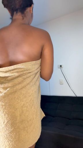 Frustrated blonde gets wet in a bathrobe