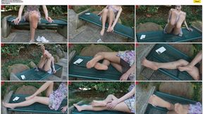 Beautiful dance teacher QQ in a short skirt and ultra-thin skin-colored pantyhose showing her beautiful legs and feet on a park bench