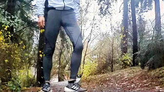 Daddy Freeballing in Latex Shows Huge Bulge in Public Rain Run