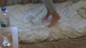 Nastya trample and jumping on bed barefoot + dirty shoes very sexy ass