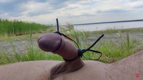 Slutty girl floods herself with sperm during outdoor no hands orgasm