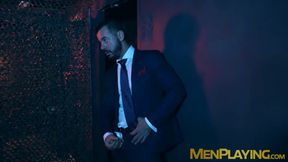 Executive office hunks meet for glory hole bareback drilling