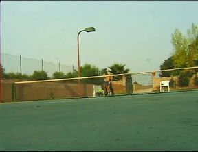 Hungry blonde slut rides cock on the tennis court like a real cowgirl