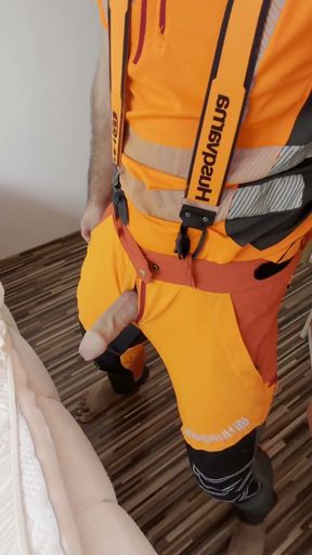 Lumberjack in Hivis Jerks His Huge Cock and Muscle Worship