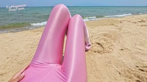 880 Shiny Rose Spandex Pantyhose on the Beach