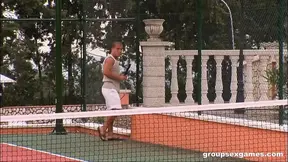 Spanish Bikini Babes Blow Big Cock in Group Orgy